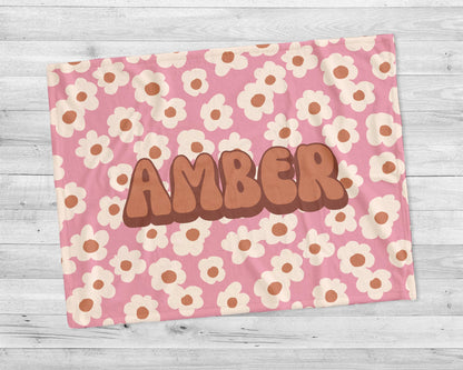 Personalized Retro Flower Baby Blanket: Custom Name Minky Sherpa Throw