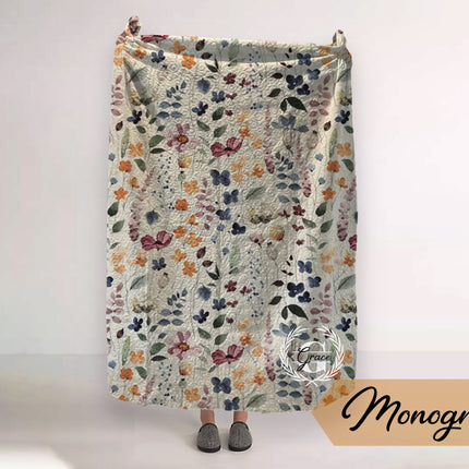 Monogram Quilted Blanket: Watercolor Floral Vintage Rustic Style (60” x 80”)
