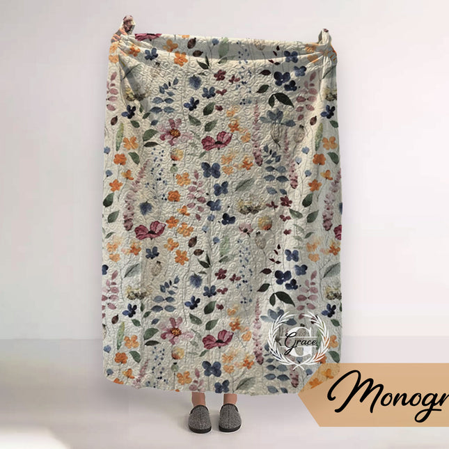 Monogram Quilted Blanket: Watercolor Floral Vintage Rustic Style (60” x 80”)