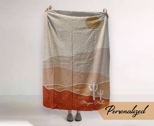 Personalized Quilted Blanket: Cactus Landscape Boho Art