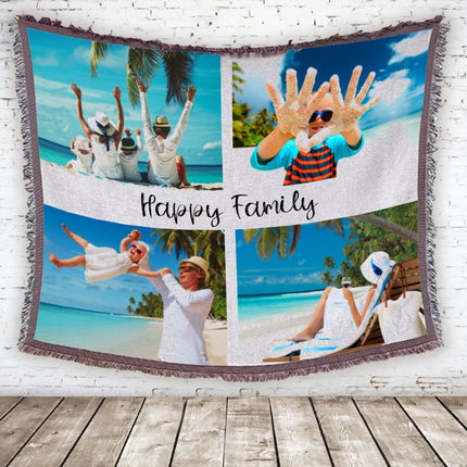 Personalized Four Photo Custom Sublimated Tapestry Woven Cotton Throw - Made in The USA (60"x54")