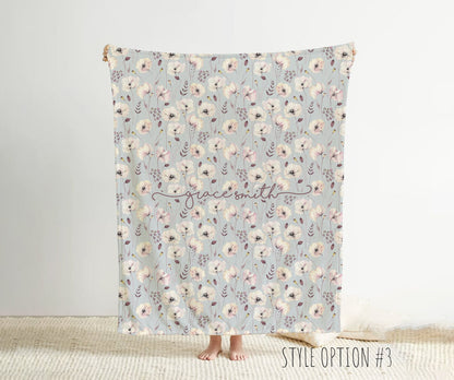 Personalized Watercolor Floral Blanket: Custom Name Minky or Sherpa