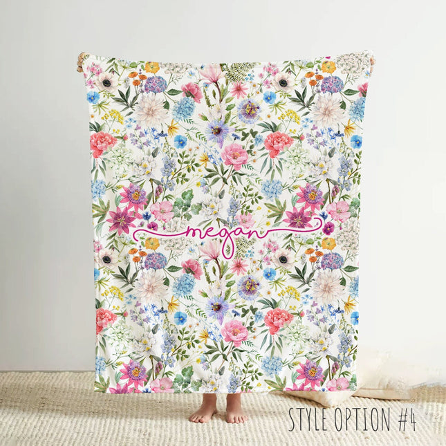 Personalized Floral Watercolor Blanket: Rustic Vintage Style Minky or Sherpa