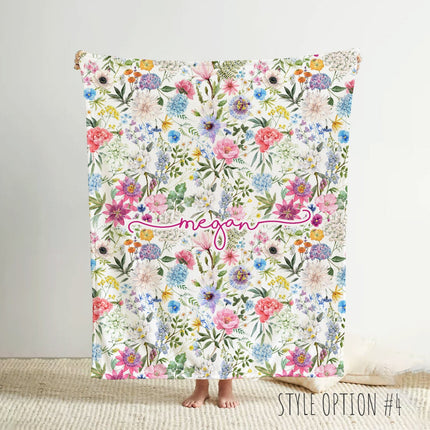 Personalized Watercolor Floral Blanket: Custom Name Minky or Sherpa