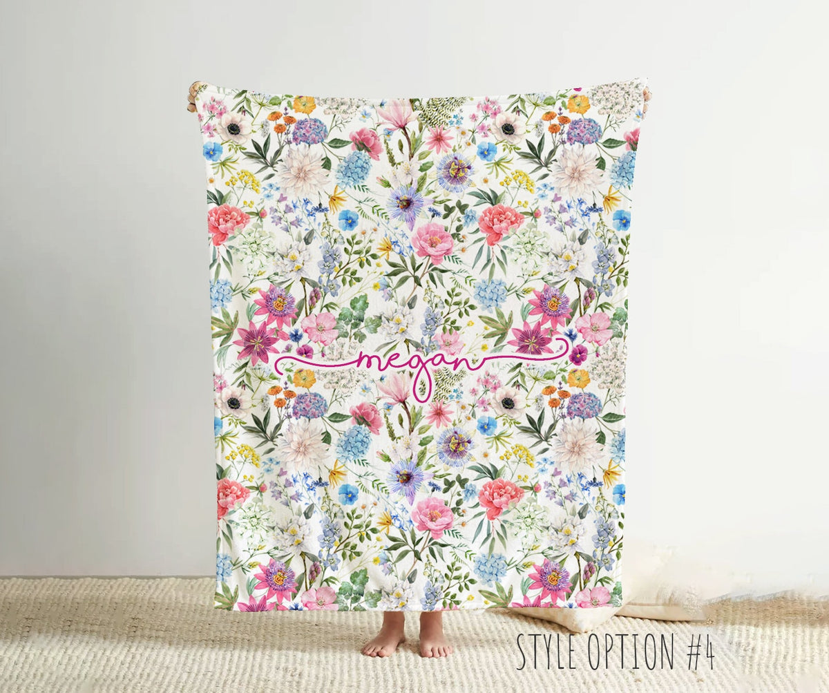 Personalized Watercolor Floral Blanket: Custom Name Minky or Sherpa