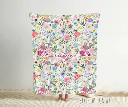 Personalized Watercolor Floral Blanket: Custom Name Minky or Sherpa