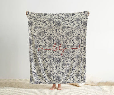 Personalized Watercolor floral in vintage rustic style blanket with Name, Custom blanket gift, Birthday Anniversary Gift