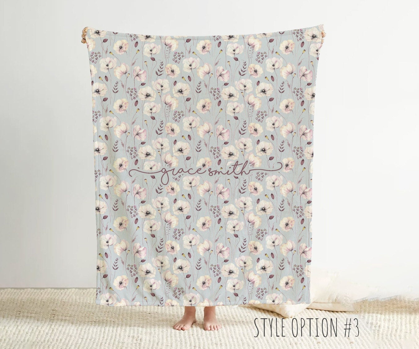 Personalized Watercolor floral in vintage rustic style blanket with Name, Custom blanket gift, Birthday Anniversary Gift