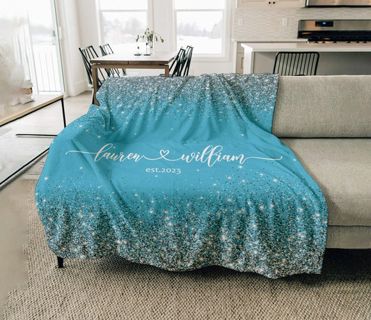 Personalized Wedding Blanket: Sparkling Silver Minky Fleece Newlywed Gift