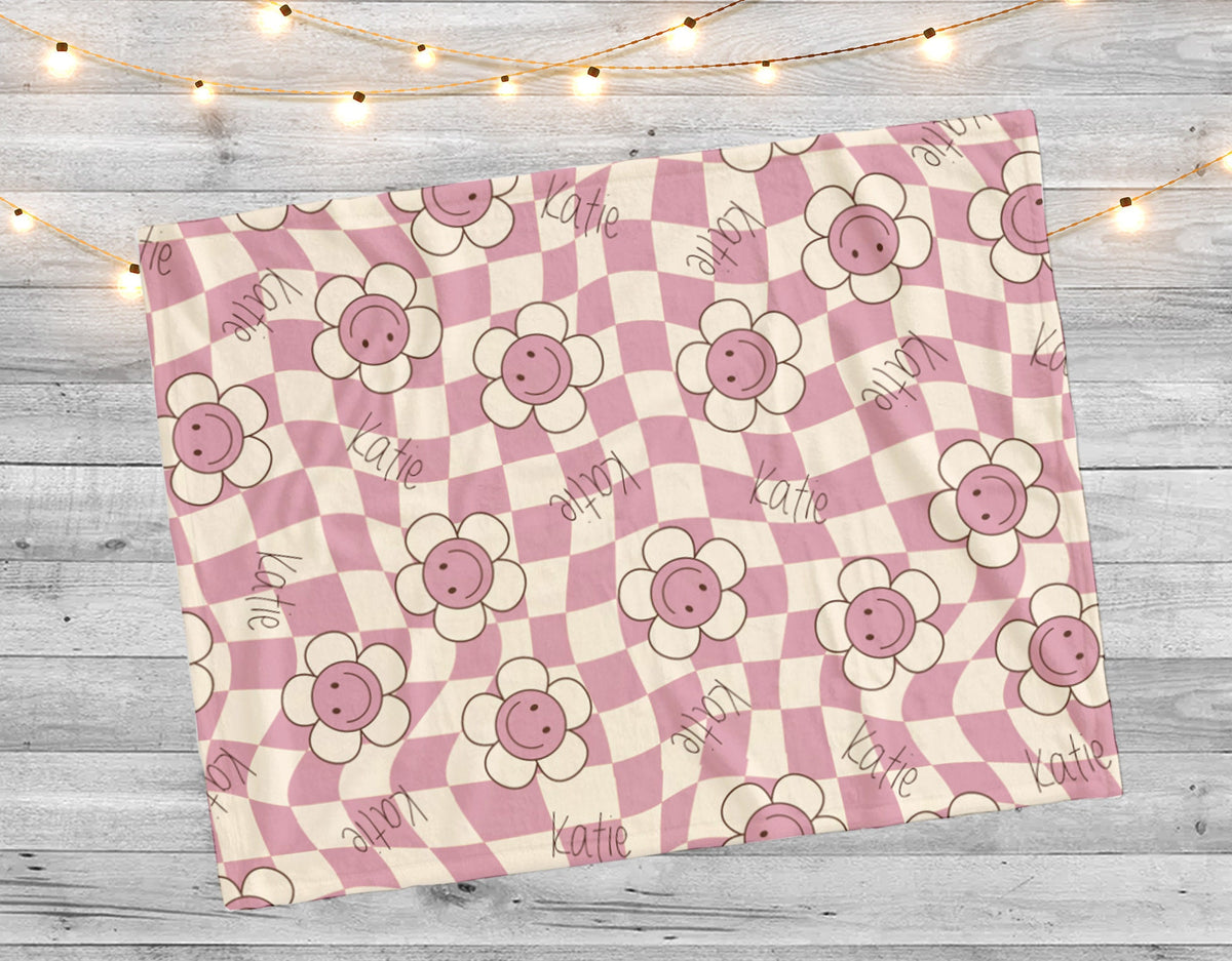 Personalized Happy Face Flower Blanket: Custom Minky or Sherpa Baby Blanket