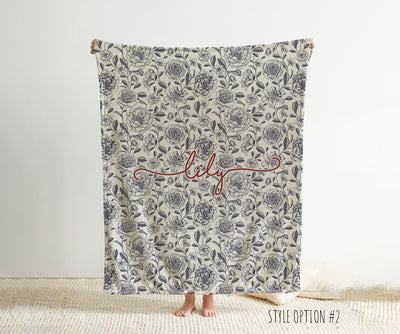 Personalized Watercolor floral in vintage rustic style blanket with Name, Custom blanket gift, Birthday Anniversary Gift