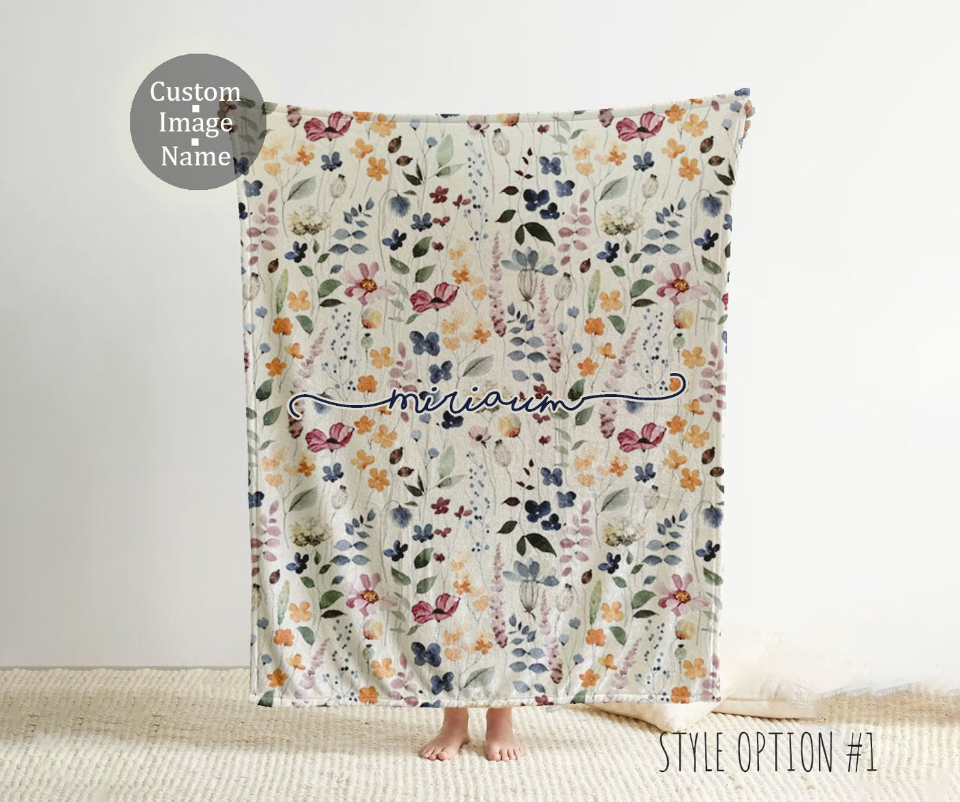 Personalized Watercolor floral in vintage rustic style blanket with Name, Custom blanket gift, Birthday Anniversary Gift