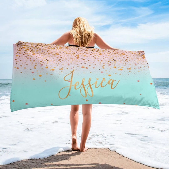 Sparkling Gold Name Personalized Beach Towel Personalized Name Bath Towel Custom Pool Towel Beach Towel With Name Birthday Vacation Gift