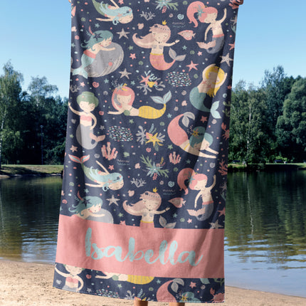 Personalized Mermaid Towel for Kids – Custom Name Beach & Pool Towel Birthday Vacation Gift
