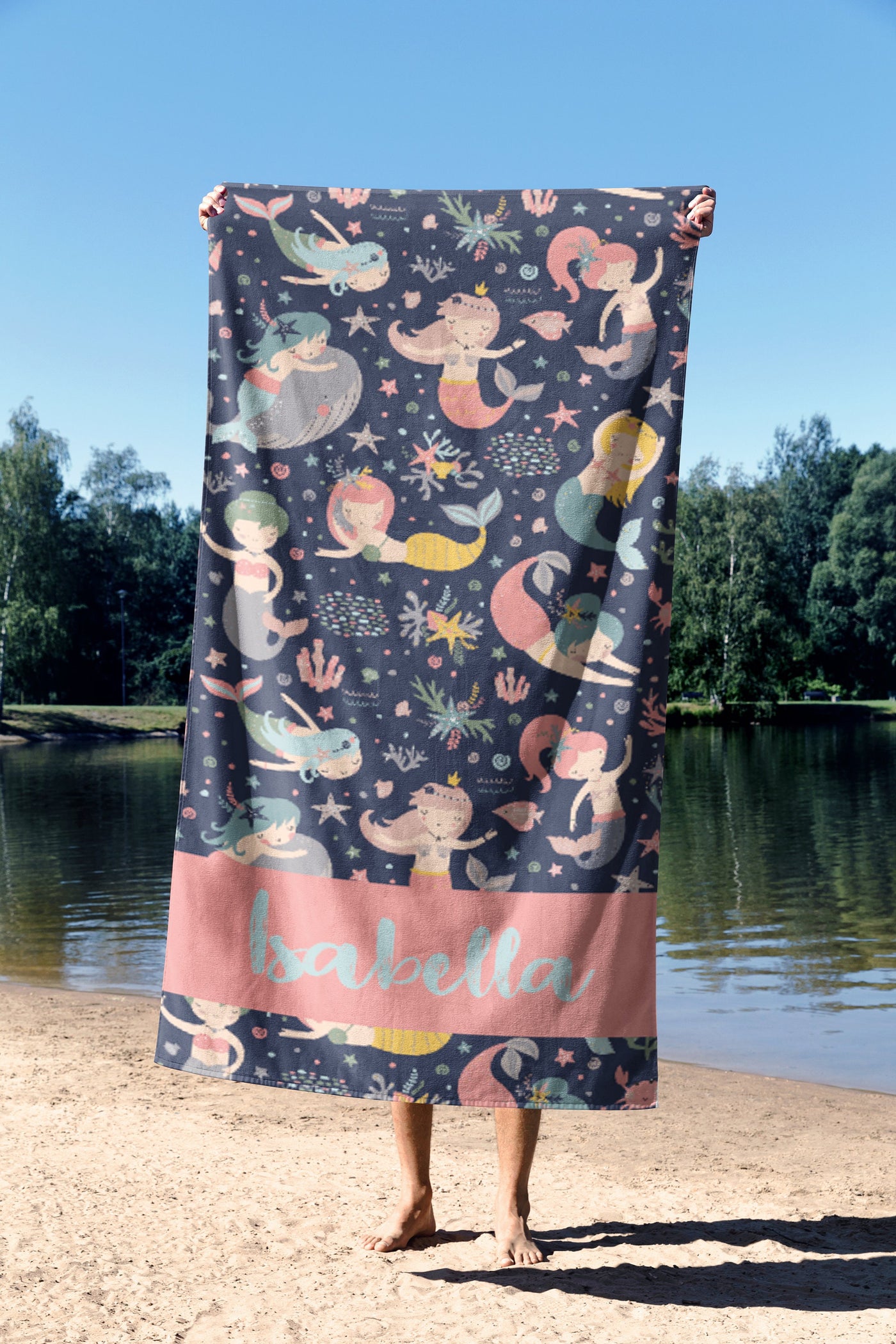 Personalized Mermaid Towel for Kids – Custom Name Beach & Pool Towel Birthday Vacation Gift