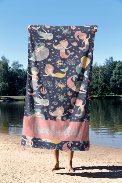 Personalized Mermaid Towel for Kids – Custom Name Beach & Pool Towel Birthday Vacation Gift