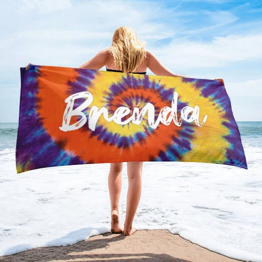 Multi-Color Tie Dye Style Personalized Beach Towel Personalized Name Bath Towel Custom Pool Towel Beach Towel With Name Outside Birthday
