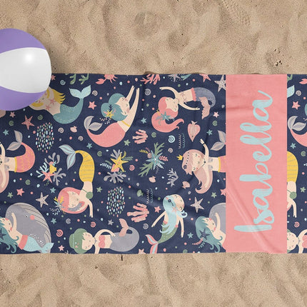Personalized Mermaid Towel for Kids – Custom Name Beach & Pool Towel Birthday Vacation Gift
