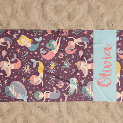 Personalized Mermaid Towel for Kids – Custom Name Beach & Pool Towel Birthday Vacation Gift