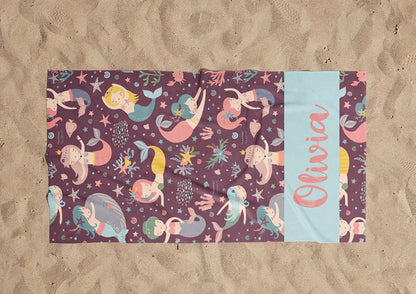 Personalized Mermaid Towel for Kids – Custom Name Beach & Pool Towel Birthday Vacation Gift