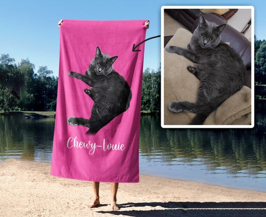 Portrait  Pet Beach Towel Pet Photo + Name Custom Dog Personalized Dog Beach Towel Cat Picture Blanket Pet Photo Customized Gift