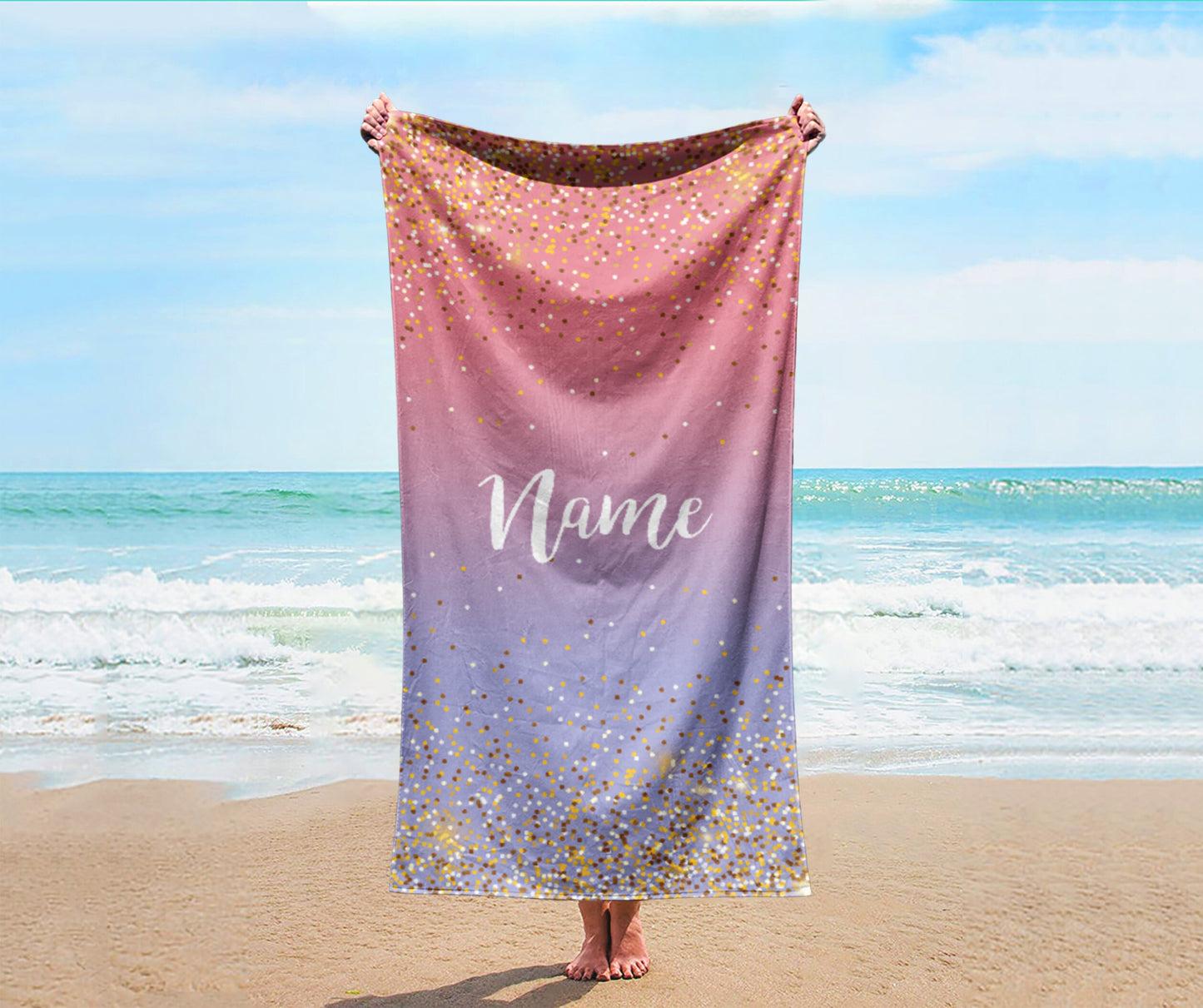 Sparkling Gold Name Personalized Beach Towel Personalized Name Bath Towel Custom Pool Towel Beach Towel With Name Birthday Vacation Gift
