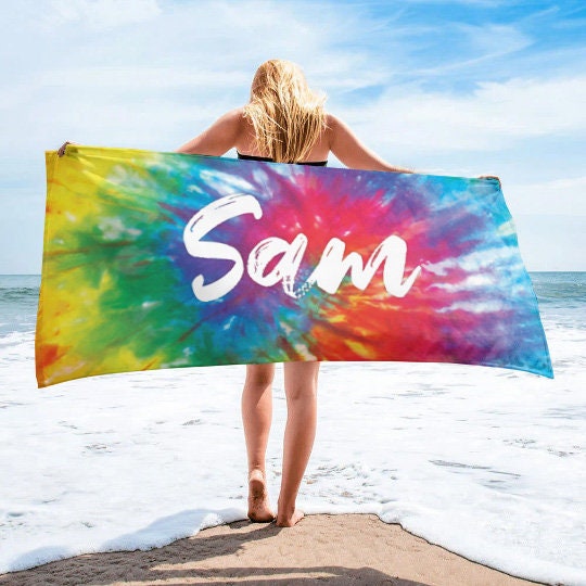 Multi-Color Tie Dye Style Personalized Beach Towel Personalized Name Bath Towel Custom Pool Towel Beach Towel With Name Outside Birthday