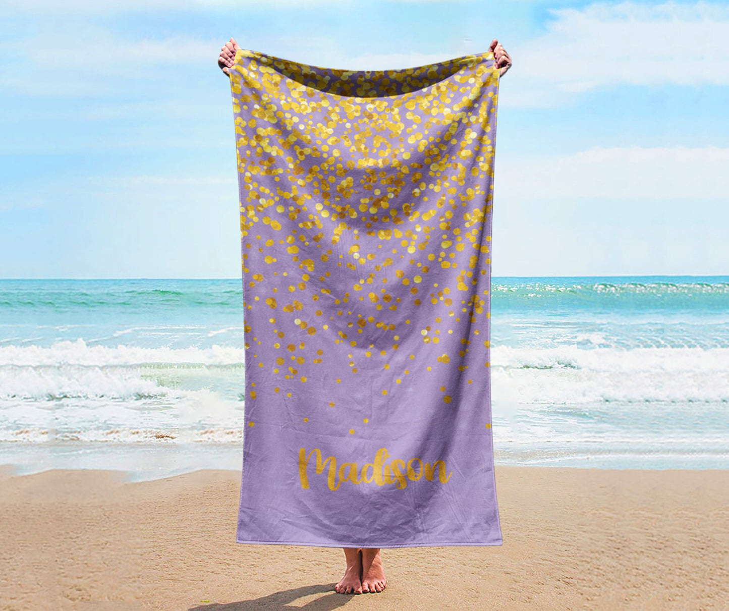 Sparkling Gold Name Personalized Beach Towel Personalized Name Bath Towel Custom Pool Towel Beach Towel With Name Birthday Vacation Gift
