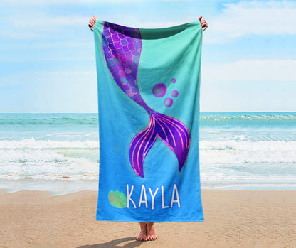 Personalized mermaid beach towel, cute mermaid beach towel, custom marine beach towel, custom beach towel for kids, starfish beach towel