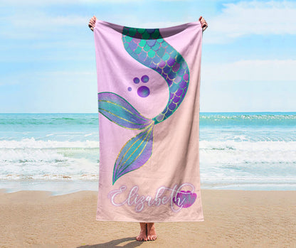 Personalized mermaid beach towel, cute mermaid beach towel, custom marine beach towel, custom beach towel for kids, starfish beach towel