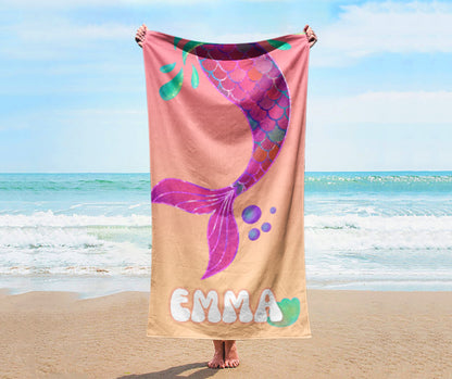 Personalized mermaid beach towel, cute mermaid beach towel, custom marine beach towel, custom beach towel for kids, starfish beach towel