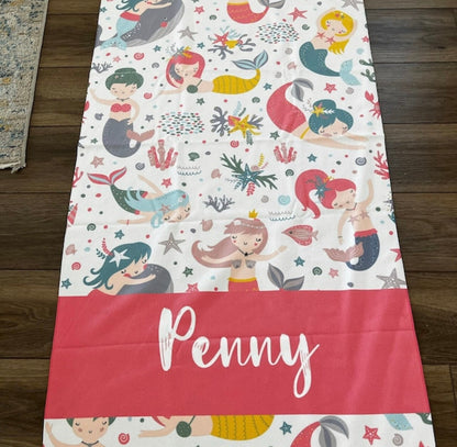 Personalized Mermaid Towel for Kids – Custom Name Beach & Pool Towel Birthday Vacation Gift