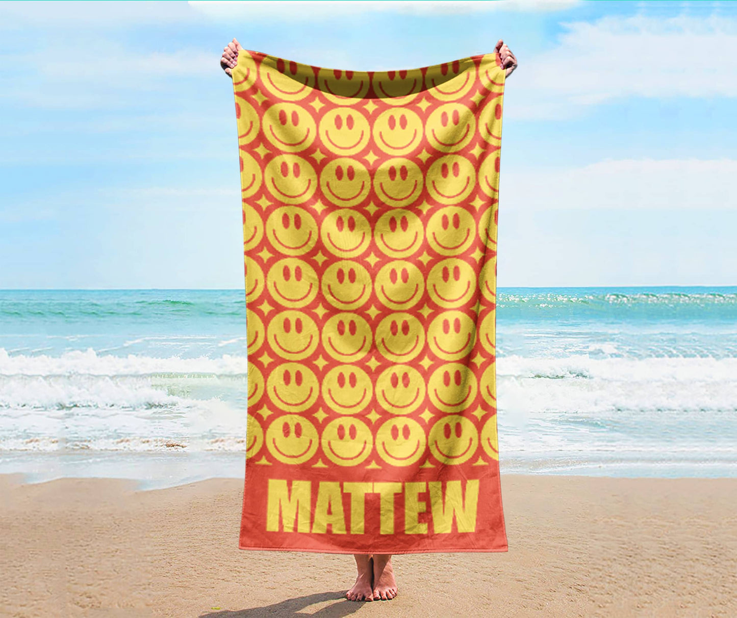 Smile Face Personalized Beach Towel Personalized Name Bath Towel Custom Pool Towel Beach Towel With Name Outside Birthday Vacation Gift