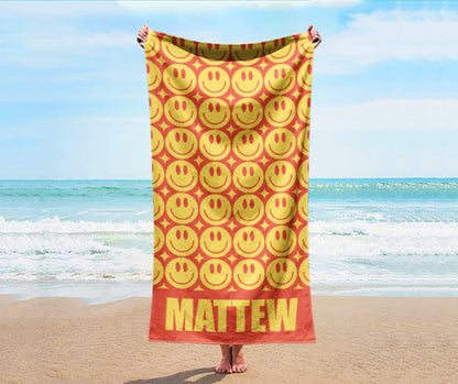 Smile Face Personalized Beach Towel Personalized Name Bath Towel Custom Pool Towel Beach Towel With Name Outside Birthday Vacation Gift