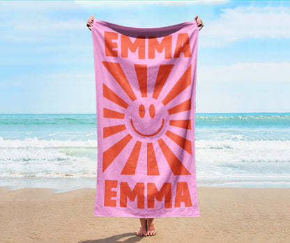 Smile Face Personalized Beach Towel Personalized Name Bath Towel Custom Pool Towel Beach Towel With Name Outside Birthday Vacation Gift