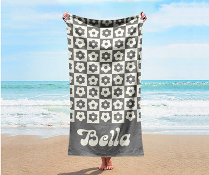 Personalized Retro Style Beach Towel with Name – Custom Patterned Gift for Birthday & Anniversary, Unique Summer Beach Accessory