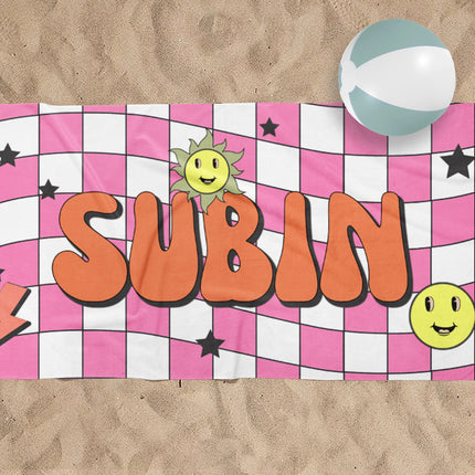 Retro Smile Groovy Style Personalized Kids Beach & Pool Towel Custom Pool Towel Beach Towel With Name Outside Birthday Vacation Gift