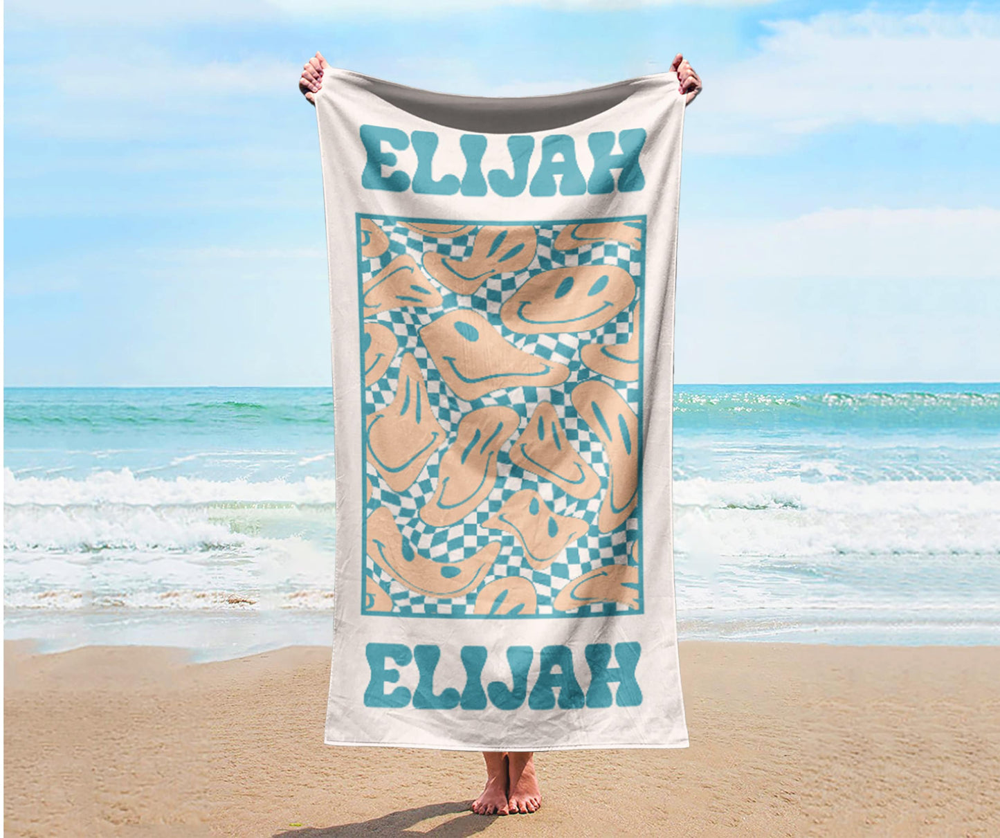 Smile Face Personalized Beach Towel Personalized Name Bath Towel Custom Pool Towel Beach Towel With Name Outside Birthday Vacation Gift