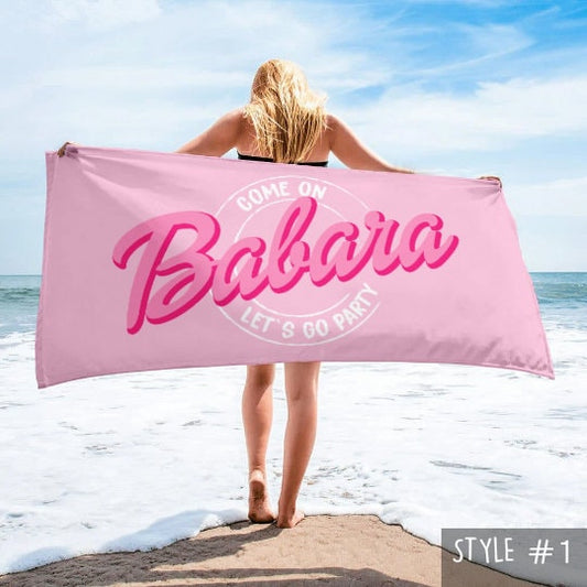 Custom Barbi Beach Towel with Name, Adult/Kids Personalized Name Bath Towel Pool Towel, Anniversary / Birthday Beach Towel, Vacation Gift
