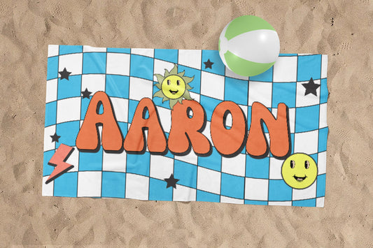 Retro Checker Style Personalized Kids Beach & Pool Towel Custom Pool Towel Beach Towel With Name Outside Birthday Vacation Gift - CustomCooper
