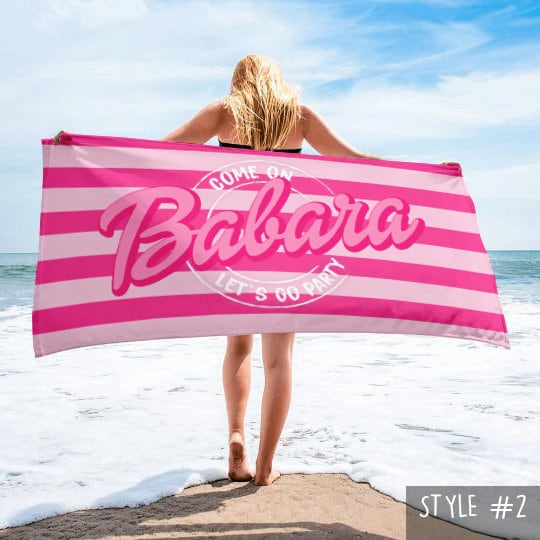 Custom Barbie Beach Towel with Name, Adult/Kids Personalized Name Bath Towel Pool Towel, Anniversary / Birthday Beach Towel, Vacation Gift