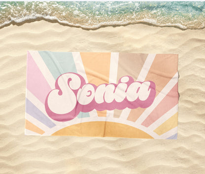 Groovy RETRO Style Personalized Beach Towel Personalized Name Bath Towel Custom Beach Towel With Name Outside Birthday Vacation Gift