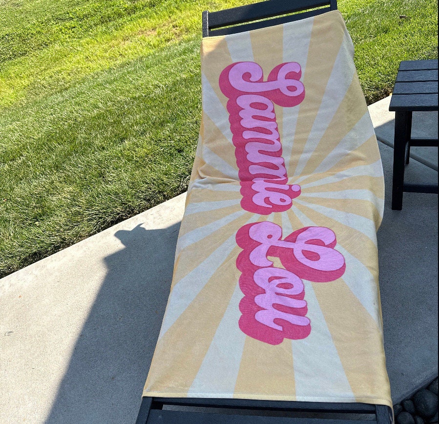 Groovy RETRO Style Personalized Beach Towel Personalized Name Bath Towel Custom Beach Towel With Name Outside Birthday Vacation Gift