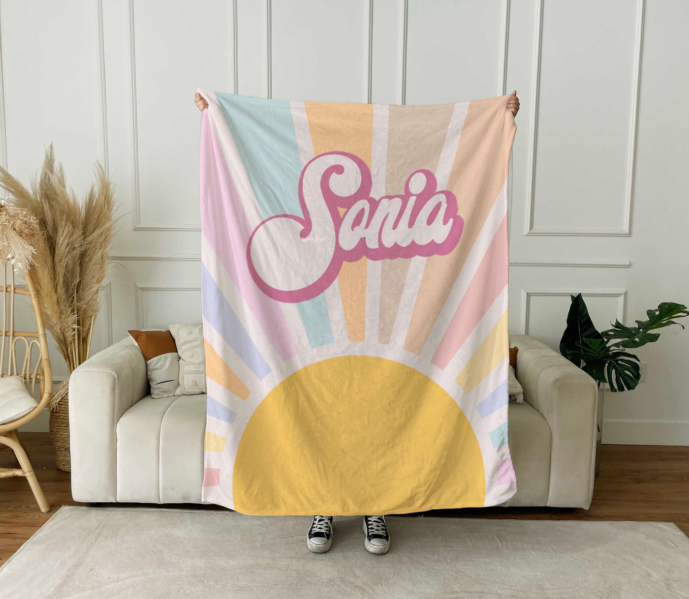 Personalized Retro Blanket with Name – Custom Groovy Style Throw, Birthday & Vacation Gift, Cozy Custom Name Blanket