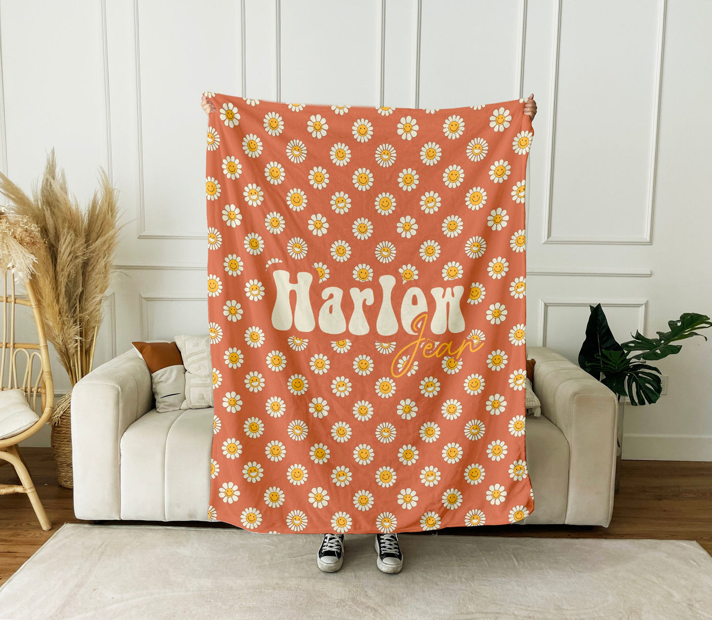 Personalized FLOWER Pattern in vintage rustic style blanket with Name, Custom blanket gift, Birthday Anniversary Gift