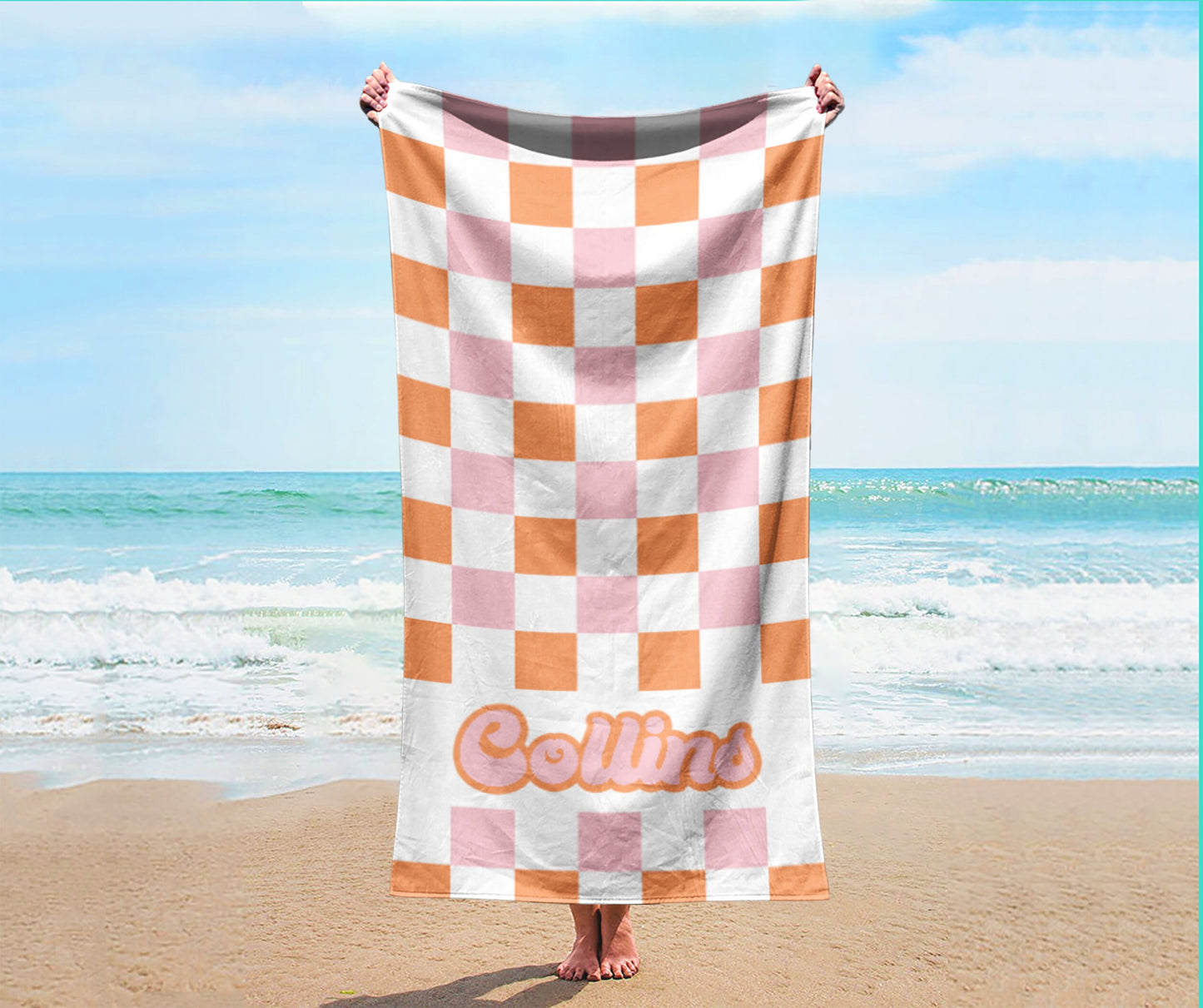 NEW Checker Style Large Personalized Beach Towel Personalized Name Bath Towel Custom Towel Beach Towel With Name Outside Birthday