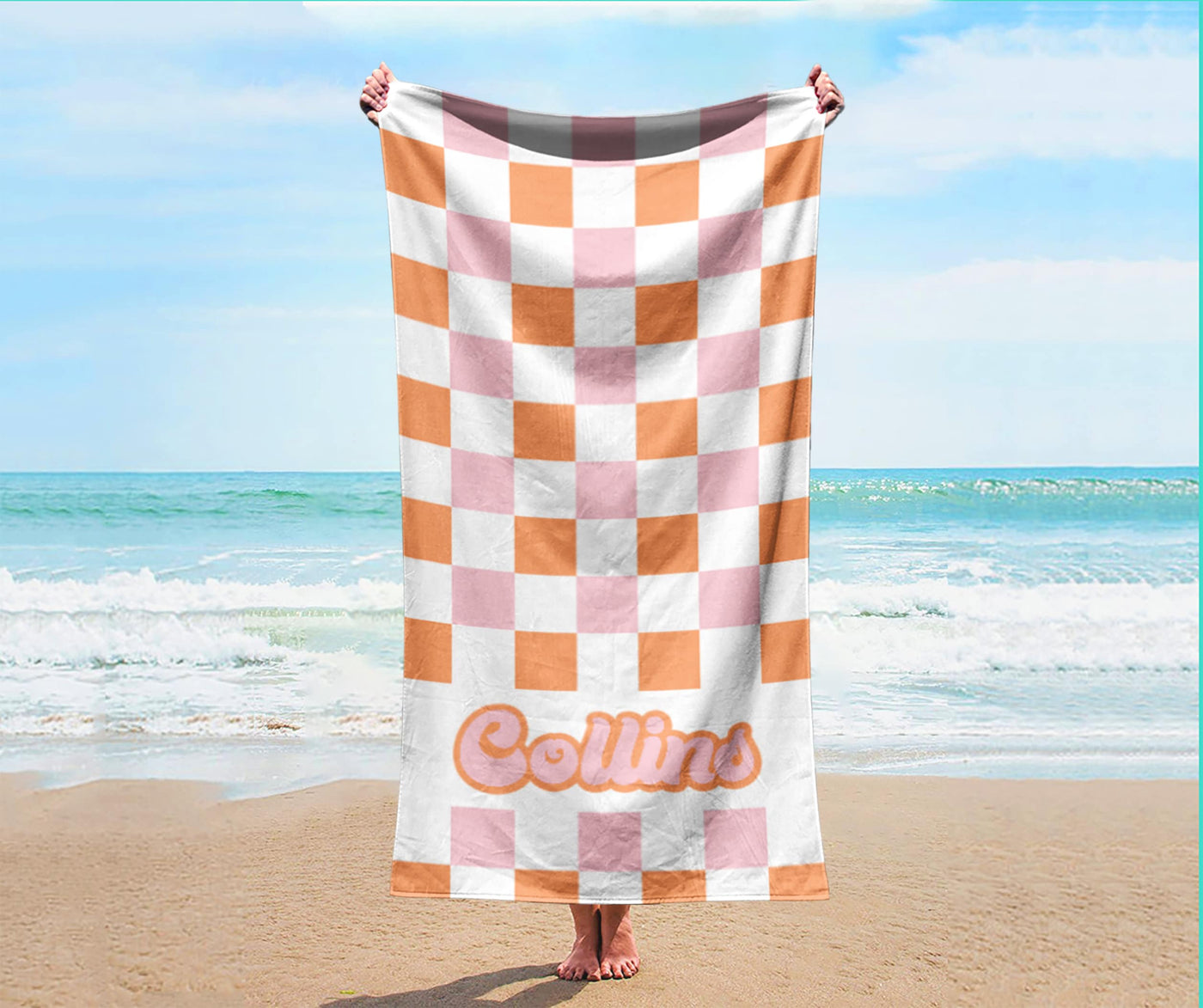 NEW Checker Style Large Personalized Beach Towel Personalized Name Bath Towel Custom Towel Beach Towel With Name Outside Birthday - CustomCooper
