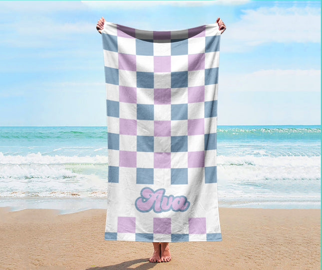NEW Checker Style Large Personalized Beach Towel Personalized Name Bath Towel Custom Towel Beach Towel With Name Outside Birthday - CustomCooper
