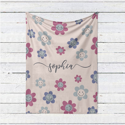 Personalized Daisy Smile Face Blanket: Vintage Floral Minky or Sherpa