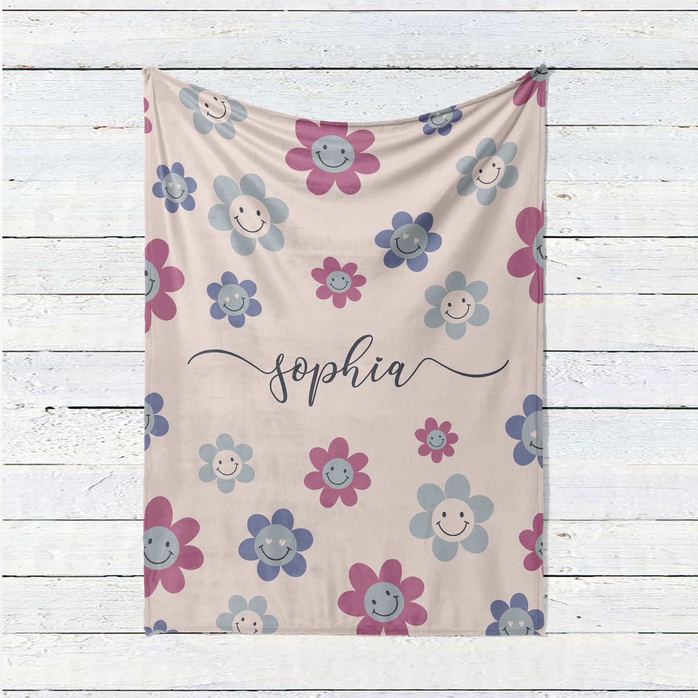 Personalized DAISY smile face Pattern in vintage rustic style blanket with Name, Custom blanket gift, Birthday Personalized Gift